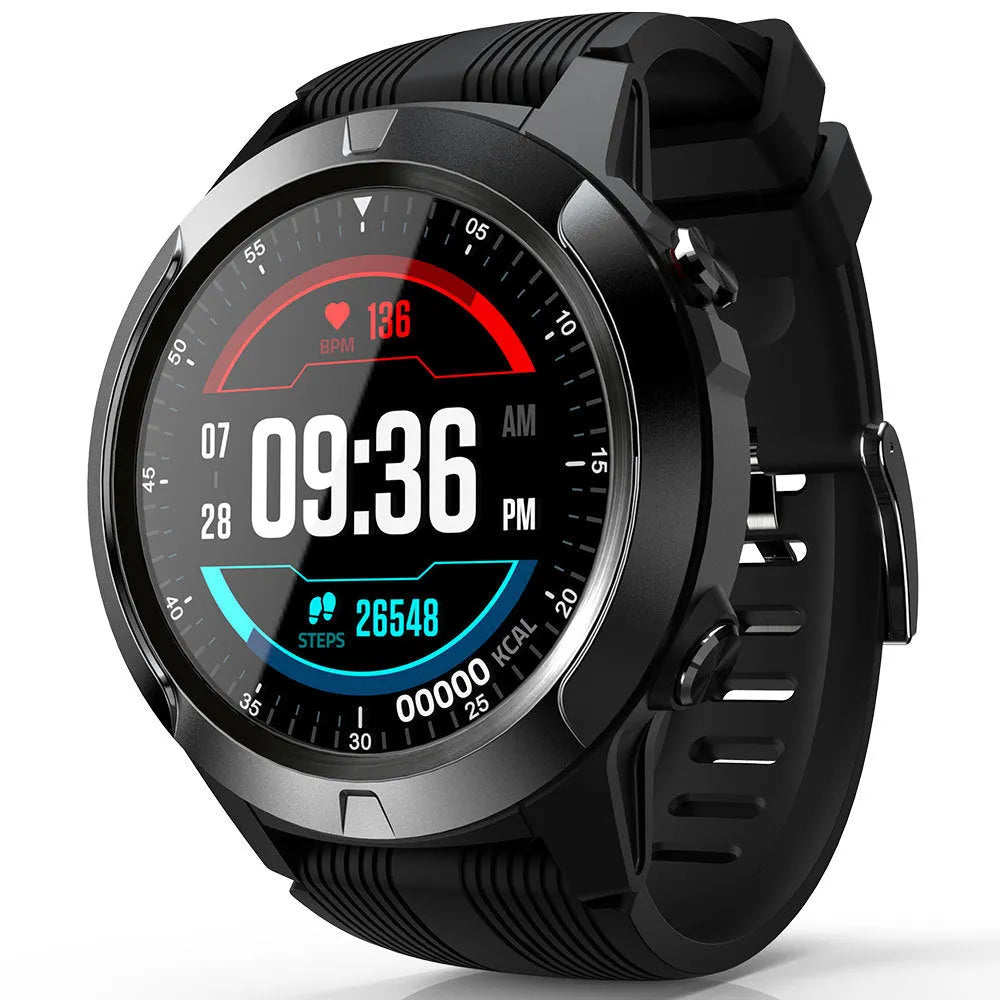 Black men's smart watch with 1.3 inch screen showing fitness metrics