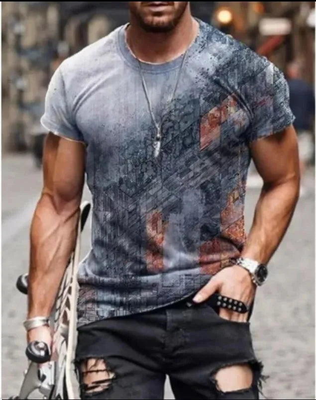 Abstract painting print short-sleeved round neck T-shirt in cotton blend