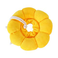 Sunflower-pattern cotton protective collar for dogs and cats, shown with adjustable band and size chart.