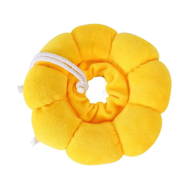 Sunflower-pattern cotton protective collar for dogs and cats, shown with adjustable band and size chart.
