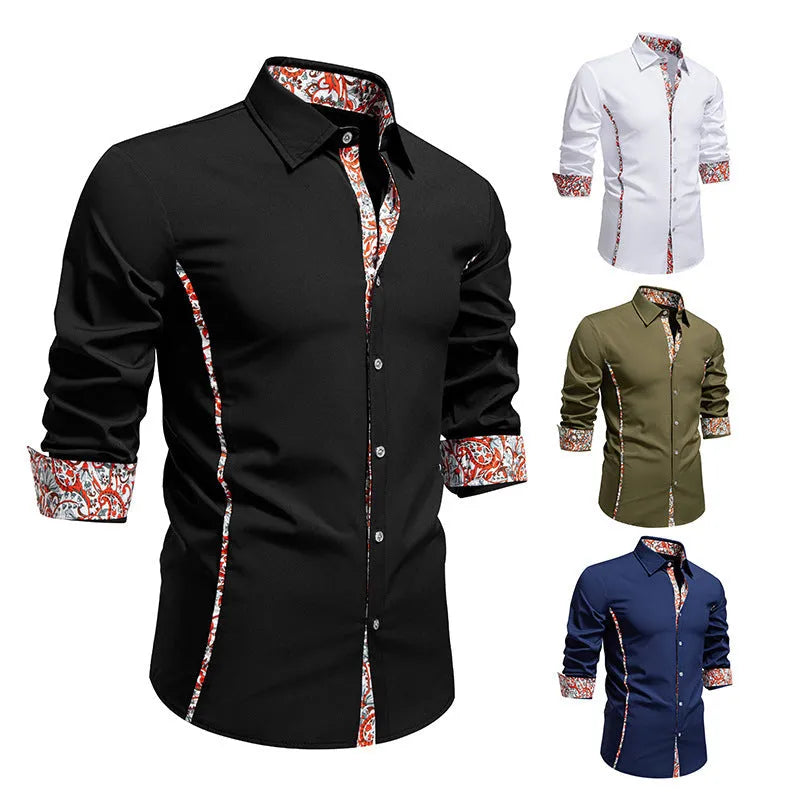 Men's slim fit polo collar shirt with paisley pattern and colour blocking in white, black, army green or navy blue