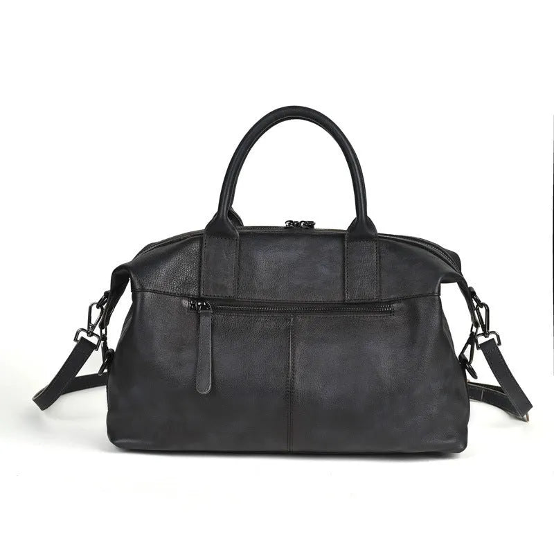 Women's genuine leather handbag in brown, horizontal square shape, with shoulder strap and sandwich pocket