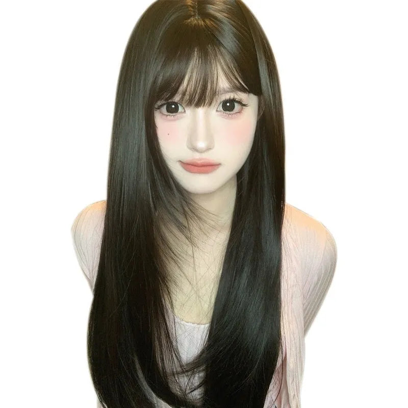 Dark brown long straight wig with full bangs for women with round face shapes