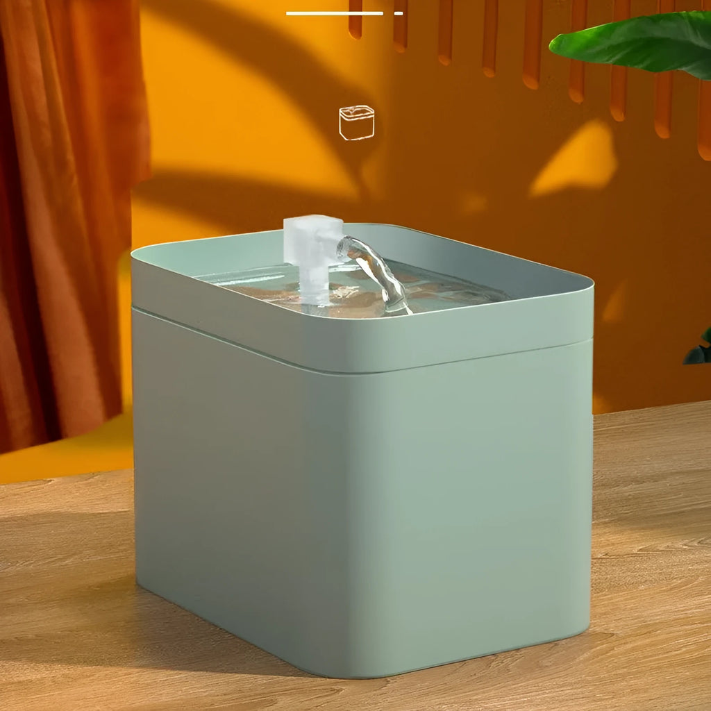 Pet water dispenser with live water filter, USB powered, blue plastic, compact cat fountain