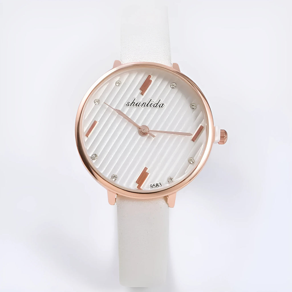 Trendy student watch with round white dial, 32mm diameter, stainless steel buckle on a light background