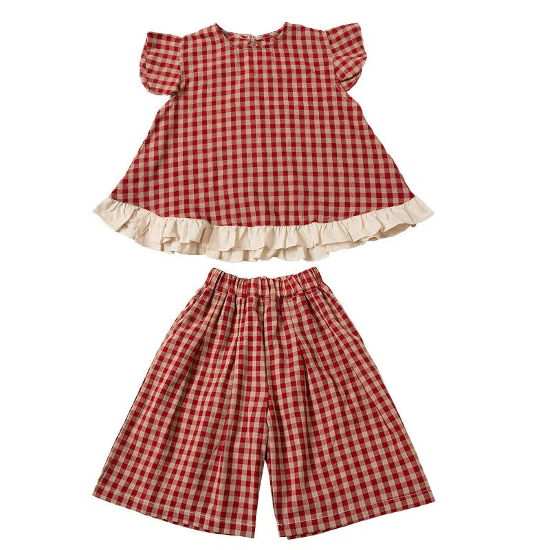 Girls' red plaid cotton two-piece set with shirt and pants, pullover style, for heights 90cm to 140cm