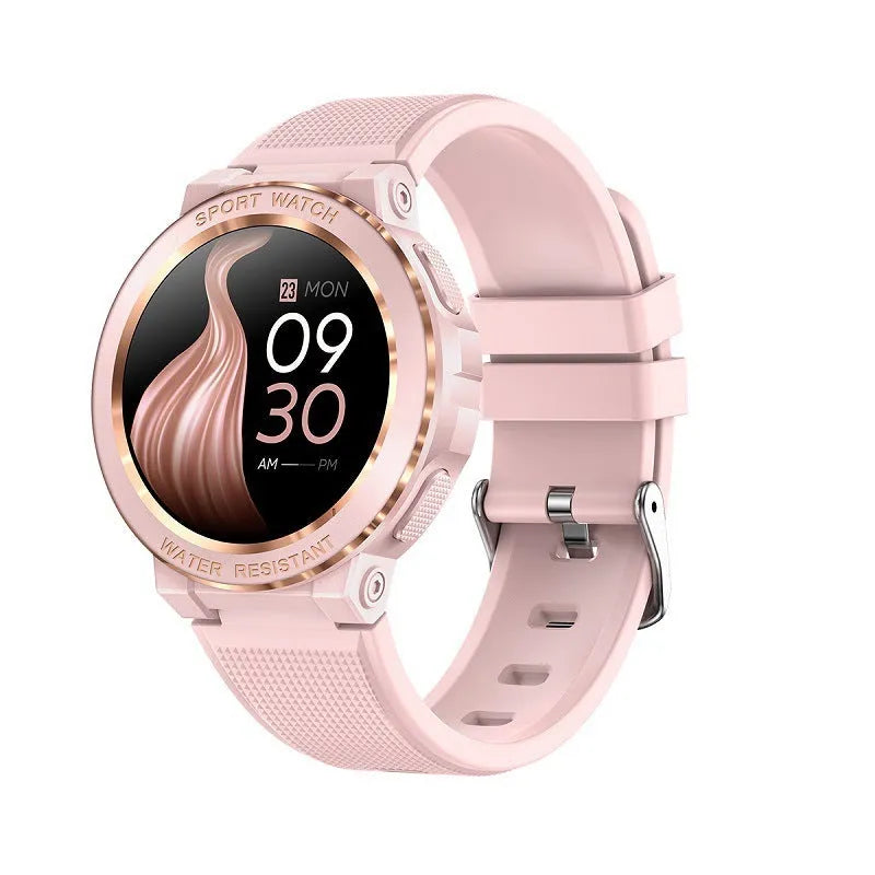 MK60 smart watch in pink with TFT screen showing health data, on a wrist, with Bluetooth call and health monitoring features.