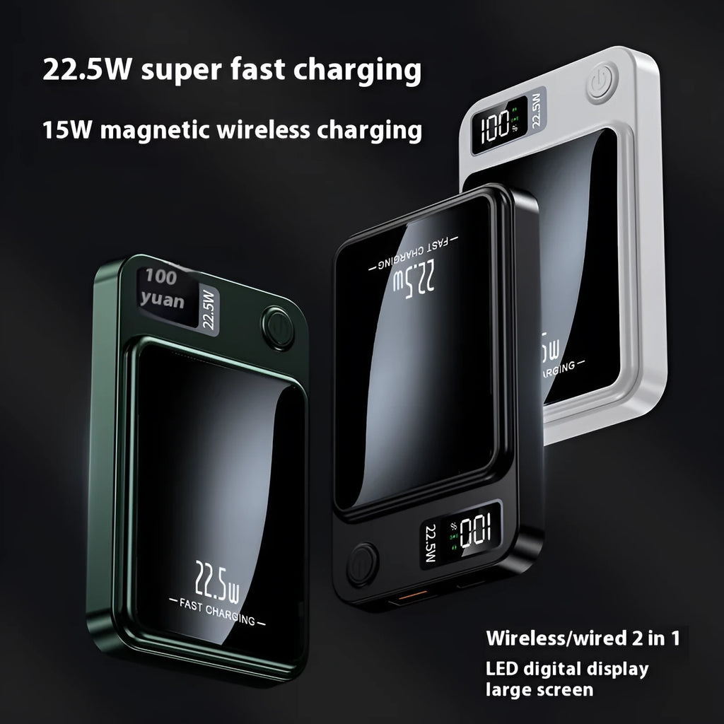 Ivory white magnetic wireless power bank 10000mAh with magnetic ring and storage cable laid flat