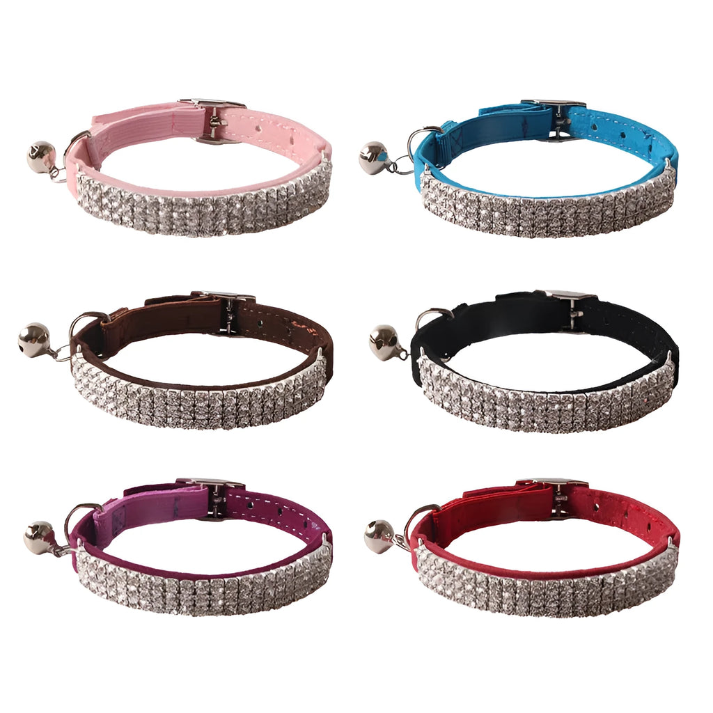 Soft flocking cat collar with an elastic buckle, shown in multiple colour options.