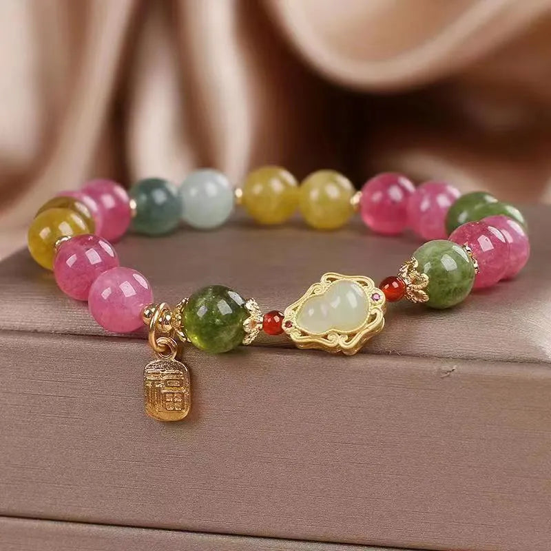 Women's colourful tourmaline bracelet with gourd charm and flower design on mixed materials