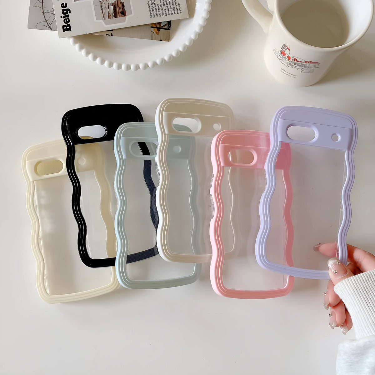 Two-in-one wave shell transparent phone case with coloured PC TPU hem for Google 10 Pro, 10, 9 Pro, 9, 7a, 8a and 9a