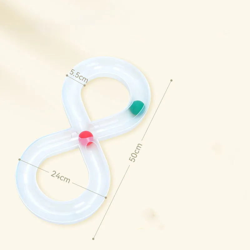 Blue and white cat activity centre with spinning track, ball, and teaser stick