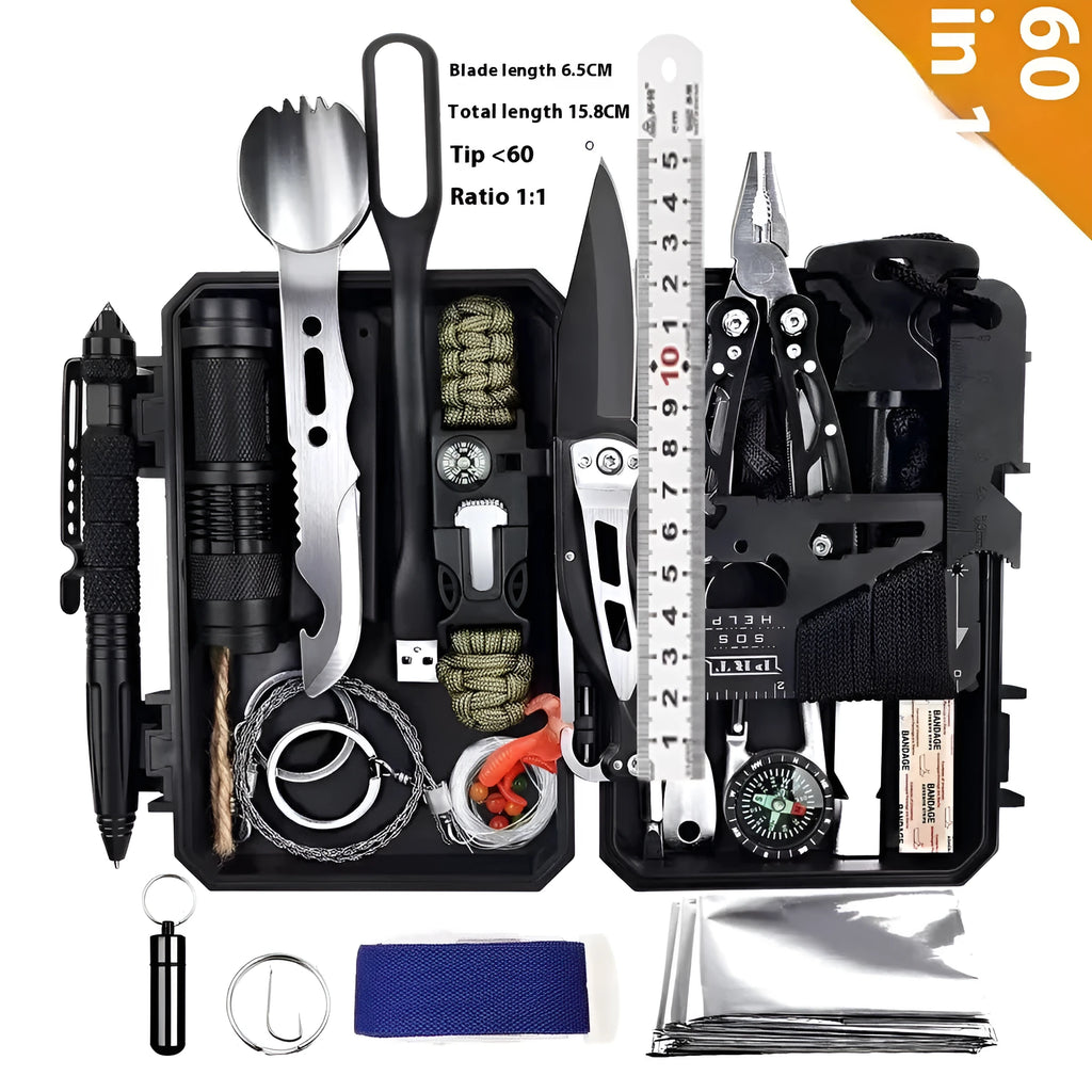 60-in-one outdoor survival tool kit in black and silver case measuring 21x11x5.5cm