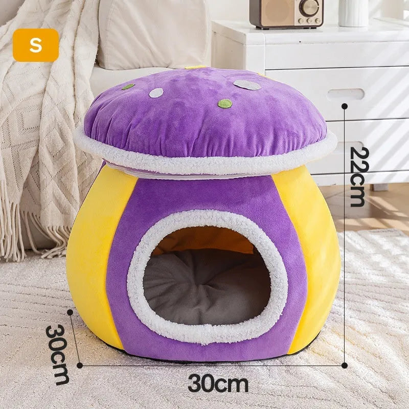 Grey mushroom-shaped plush cat bed with a detachable blanket and rabbit plush lining