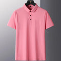 Men's non-iron short sleeve business casual shirt in navy blue on a hanger.