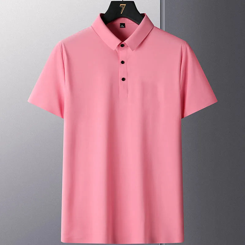 Men's non-iron short sleeve business casual shirt in navy blue on a hanger.