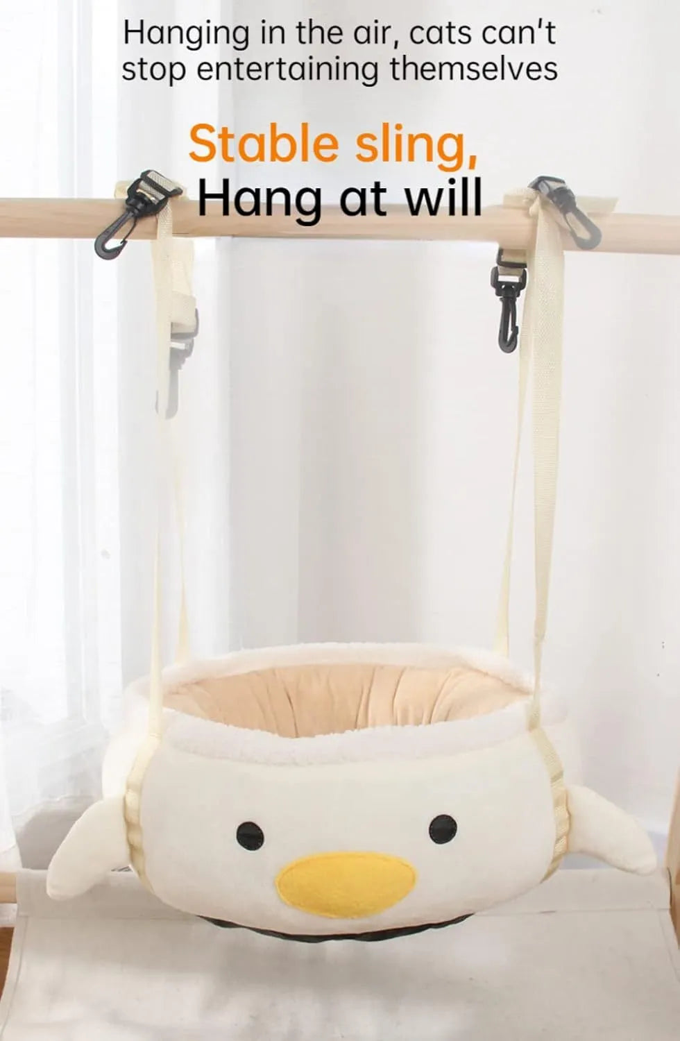 Green chick-shaped cat bed shown both flat and hanging as a hammock for a small cat