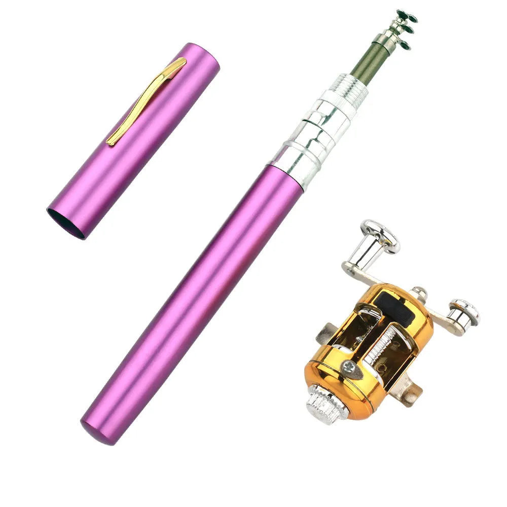 Gold telescopic pen fishing rod kit with black reel, collapsed in aluminium case and extended to 1 metre.