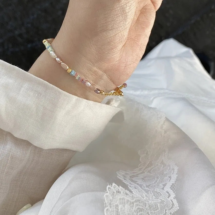 Purple natural pearl bracelet and necklace set with 14K gold-plated silver chain.