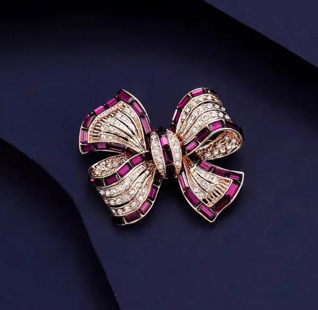 Purplish red or blue bow-shaped alloy brooch for women