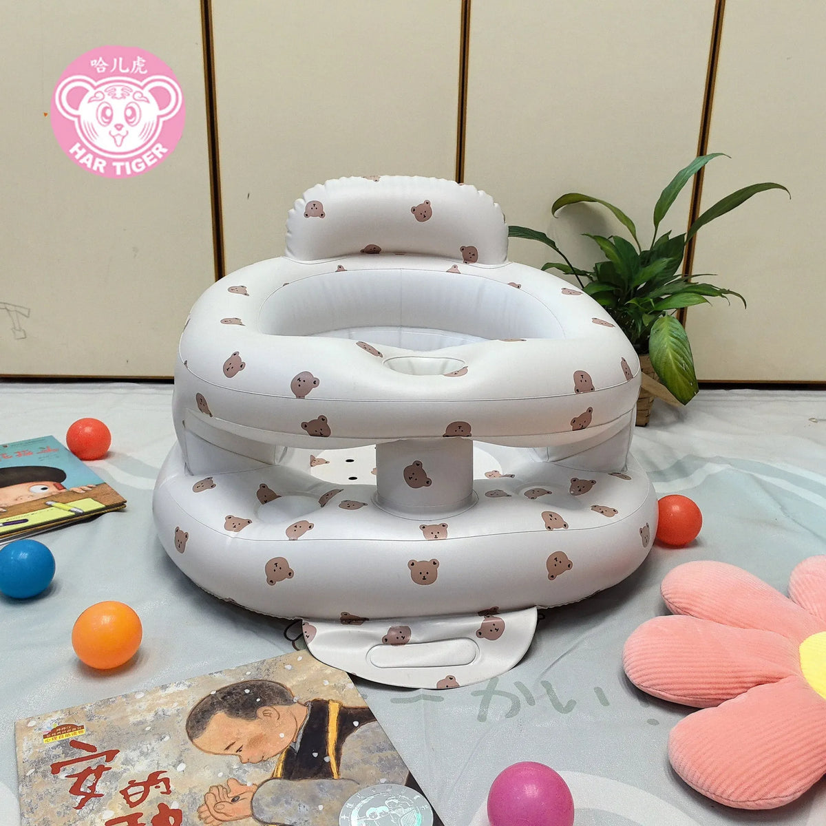 Inflatable baby dining chair and infant sofa in PVC, shown in Bear Base, Dinosaur Planet, or Love Rabbit design option