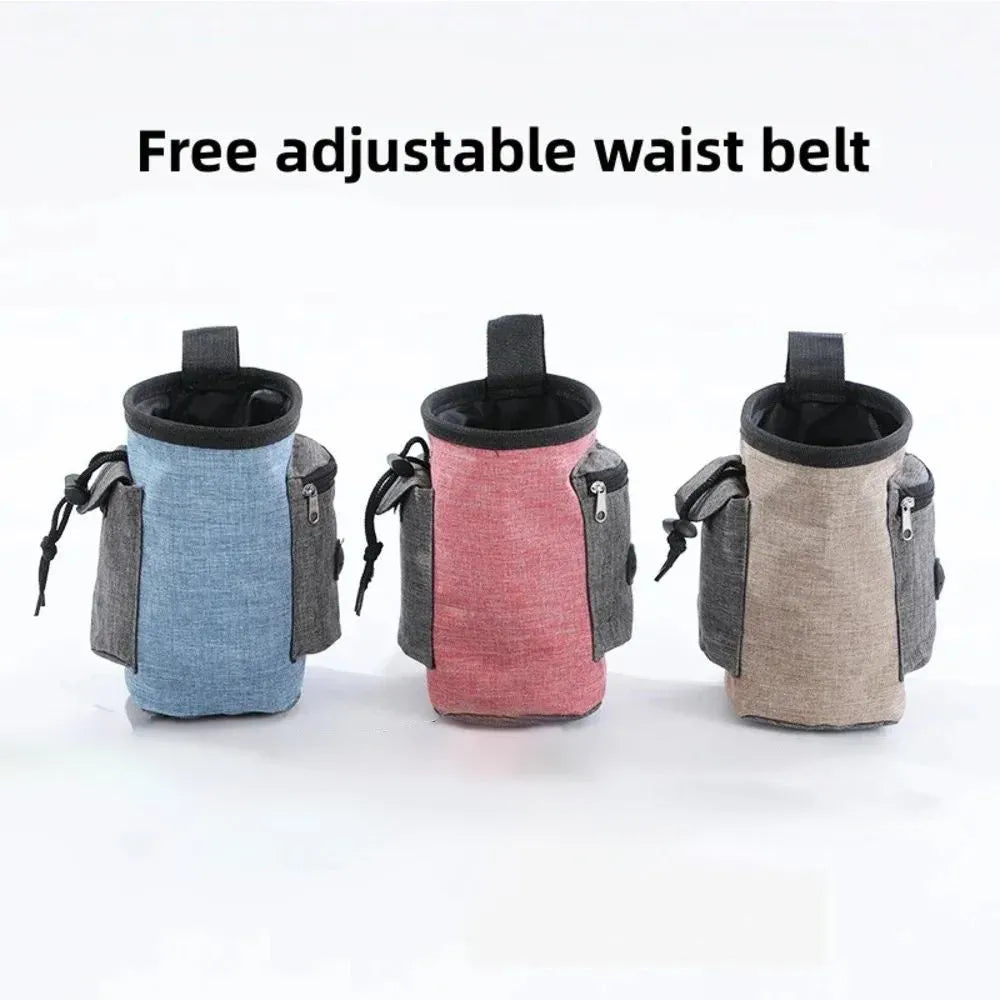 Adjustable waterproof waist bag for dog walking with side clip and multiple pockets.
