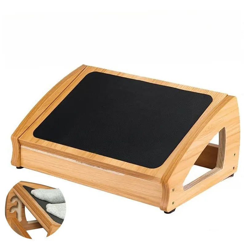 Wooden adjustable bamboo office desk footstool in natural wood colour.