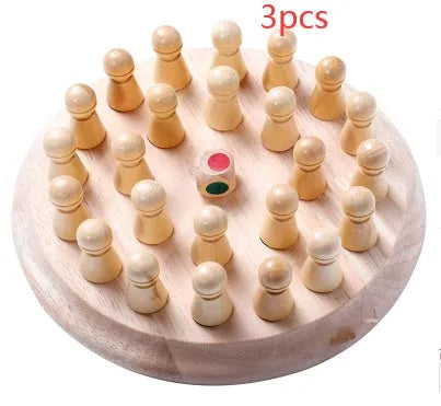 Children's beech wood memory chess game with board, pieces, and storage box for colour recognition learning.