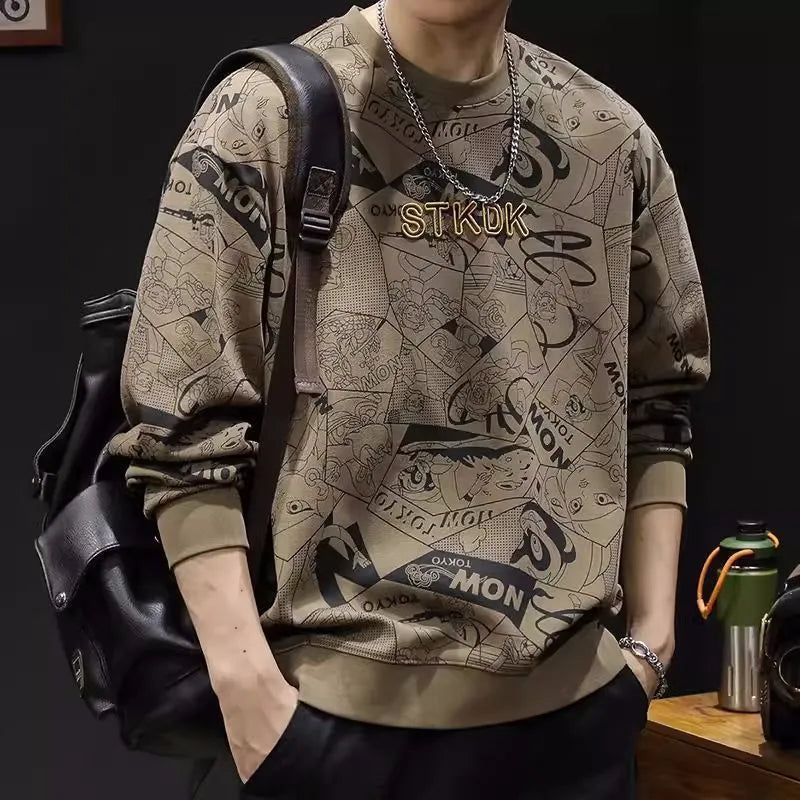 Men's round neck print sweatshirt in brown, loose fit, long sleeves, wool lining, plus size