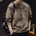 Men's round neck print sweatshirt in brown, loose fit, long sleeves, wool lining, plus size