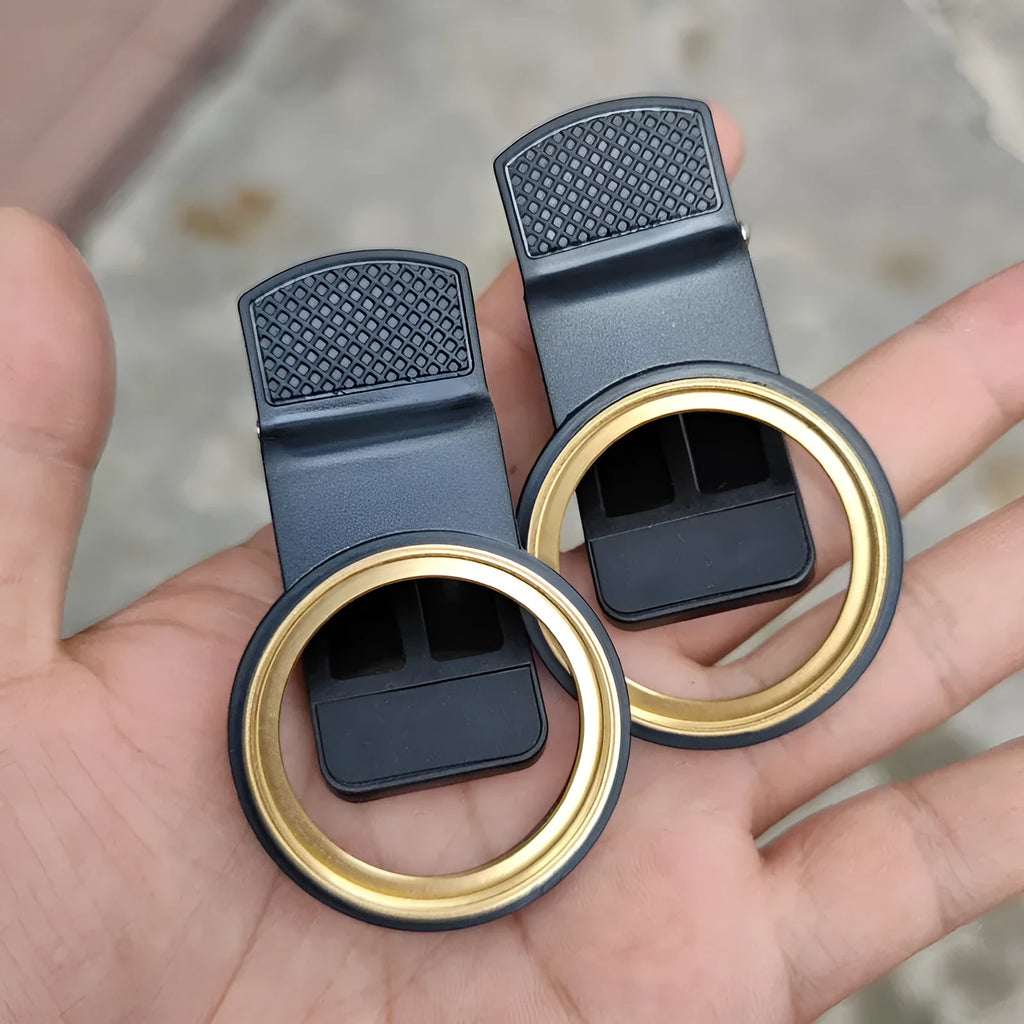 37mm universal clip phone lens filter adapter with golden or black spiral teeth and large hole for screw-on filters.