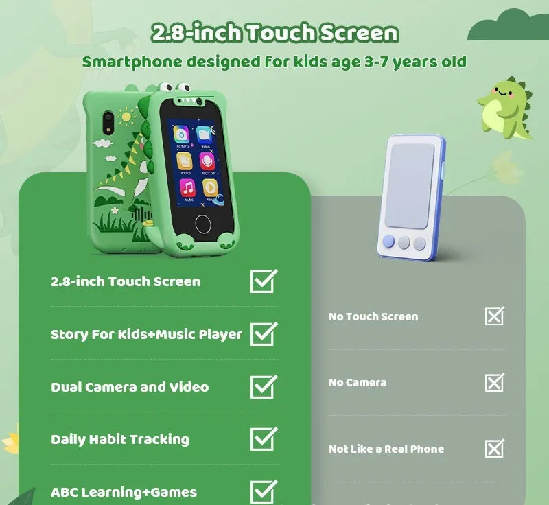 Blue and green bear-shaped handheld touch mobile phone camera toy for children on a white background