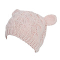 Hand-made knitted beanie with 3D cat ears in red wool, shown on a head.