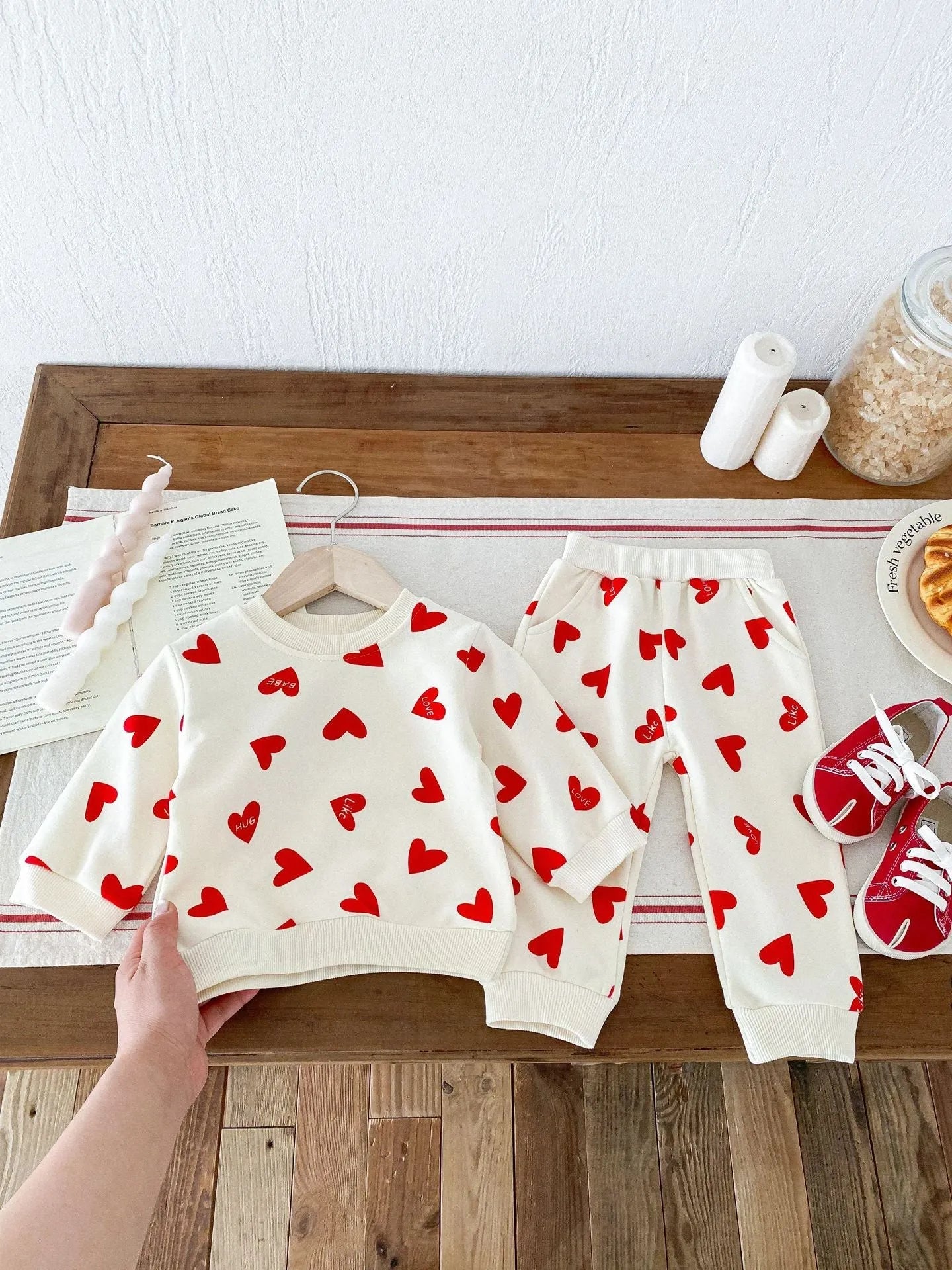Cotton baby two-piece suit with coloured loving heart top and trousers for 73-110cm toddlers