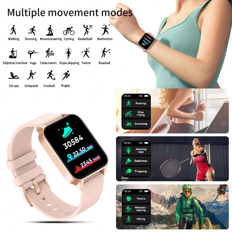 Smart health watch with colour screen on a black mesh strap, showing display with health metrics.
