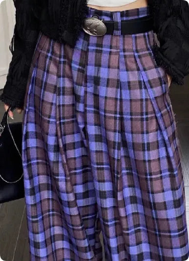 Purple plaid wide-leg high-waisted long trousers in Hong Kong retro style, sizes S to 4XL