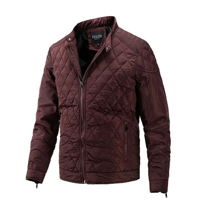 Men's lightweight zip-up stand collar jacket in army green, made from 100% polyester with a non-iron finish.
