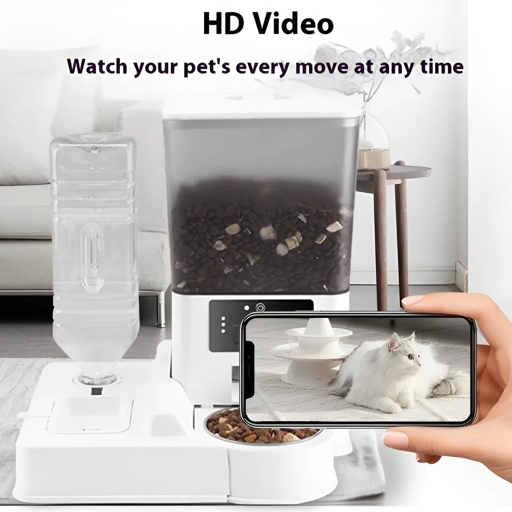 Intelligent pet feeder with stainless steel bowl, 5L capacity, for remote video monitoring and timed feeding of dogs and cats.