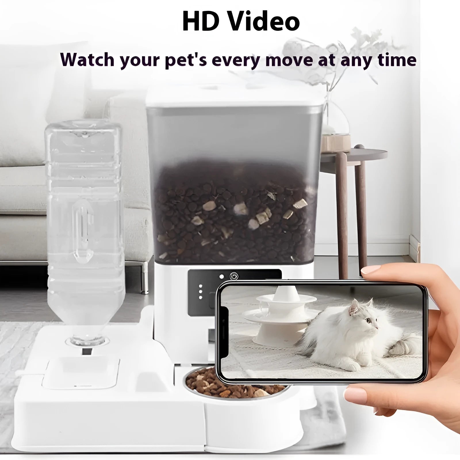 Intelligent pet feeder with stainless steel bowl, 5L capacity, for remote video monitoring and timed feeding of dogs and cats.