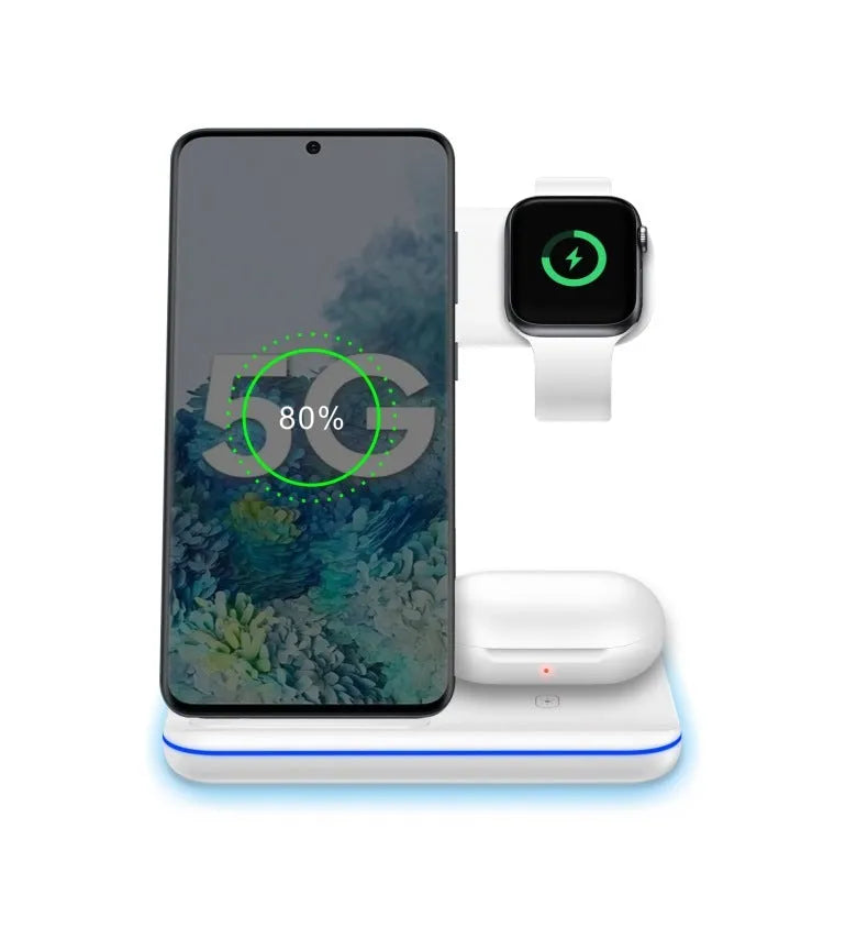 White 15W three-in-one wireless charging stand for mobile phone, smartwatch and headset on a desk.