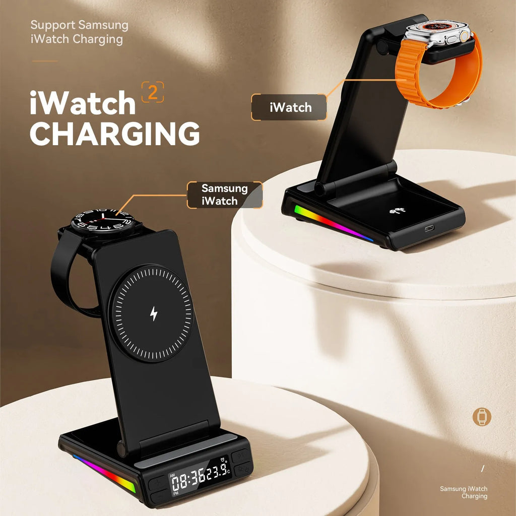 Desktop vertical five-in-one folding wireless charger in white with digital display