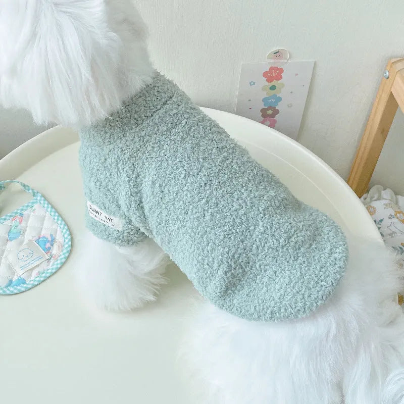 Reversible double-sided cloud velvet pet jacket shown in blue, for small dogs and puppies.