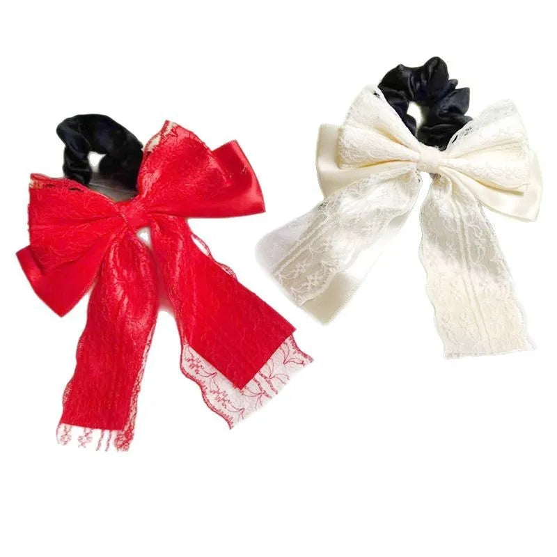 Double layer lace and velvet ribbon bowknot hair band in high elasticity style