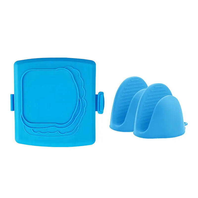 Red silicone baking tray with anti-scald design and protective gloves