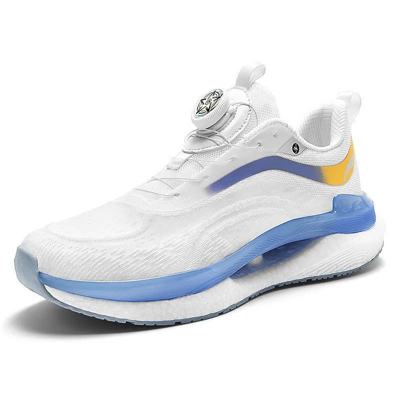 Men's high-top mesh running sneaker in solid colour with buckle closure and composite sole.