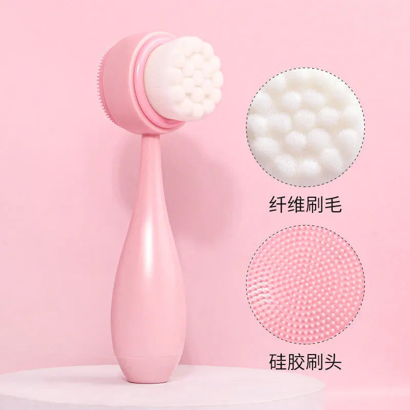 Facial brush set with plastic handle, nylon bristles, coral fleece hair band in purple colour option