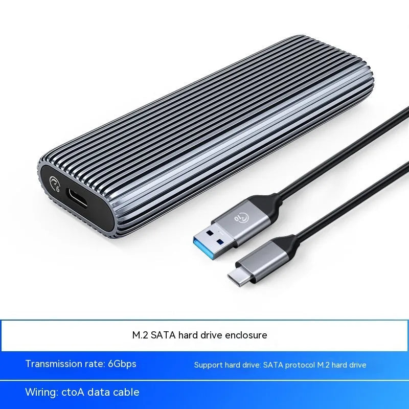 Aluminium alloy external SSD enclosure for M.2 SATA and NVMe drives with two-in-one data cable