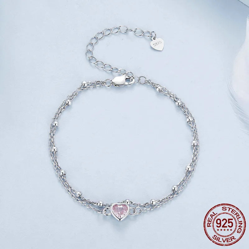 Women's sweet style 925 sterling silver bracelet with heart-shaped pendant on adjustable chain