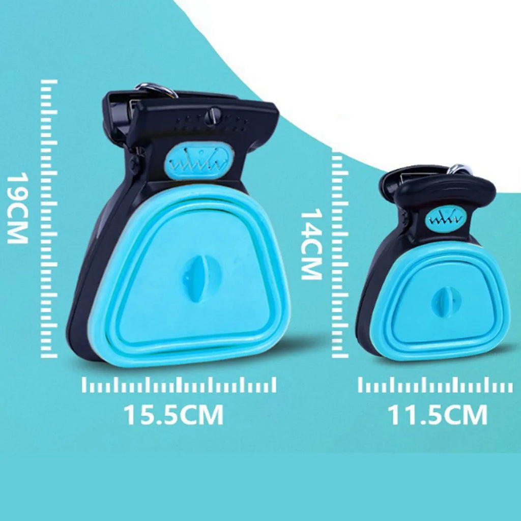 Blue portable dog pooper scooper with clip and integrated waste bag compartment.