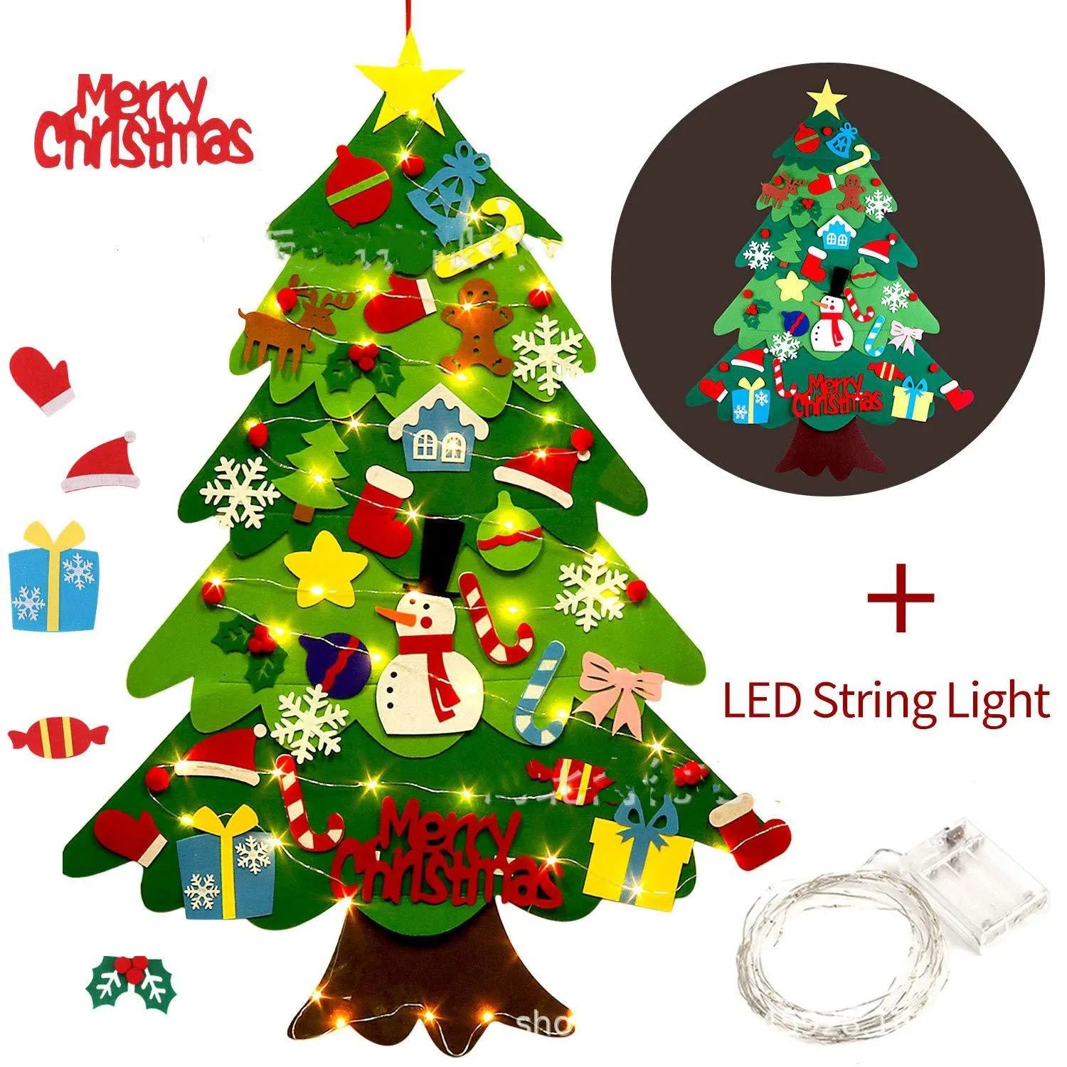 Green DIY felt Christmas tree with fairy lights and ornaments on a white wall with decorations attached
